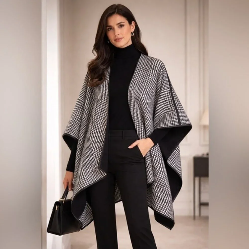 Talbots Reversible Herringbone Wrap Cape Black White Small Fall Winter